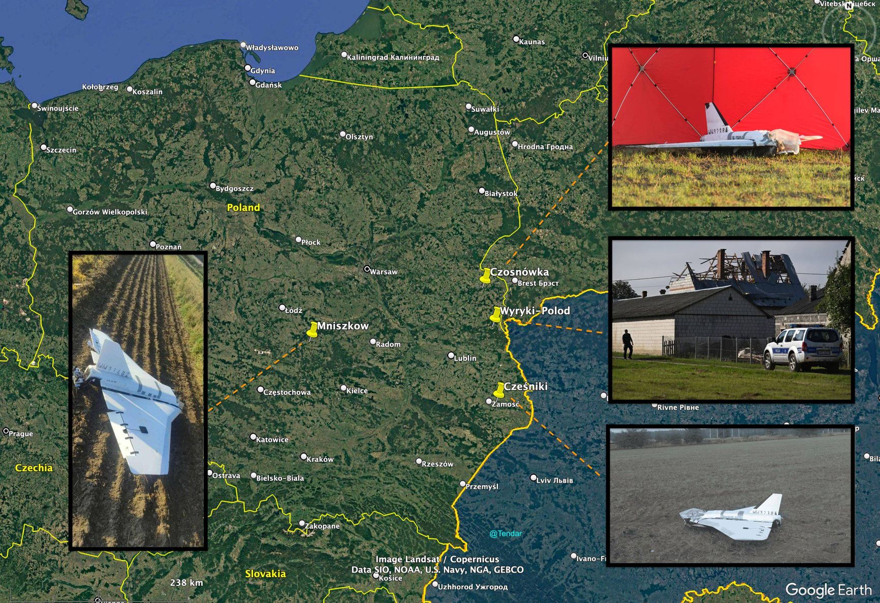 Геолокация найденных российских БПЛА «Гербера» в Польше