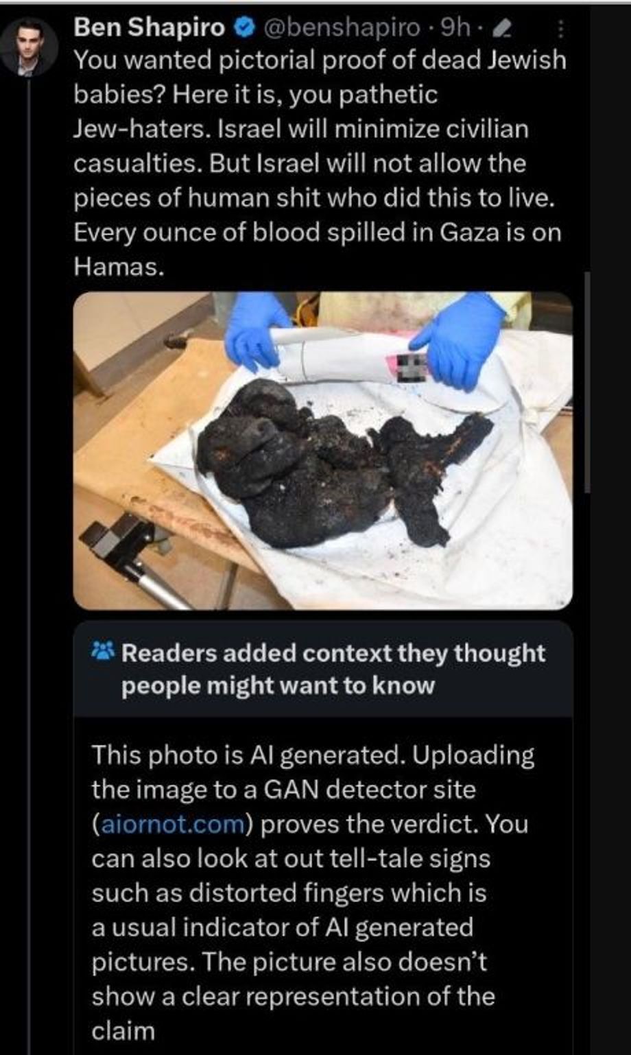 A screenshot of a false “Community Note” attached to a post by political commentator Ben Shapiro on X.