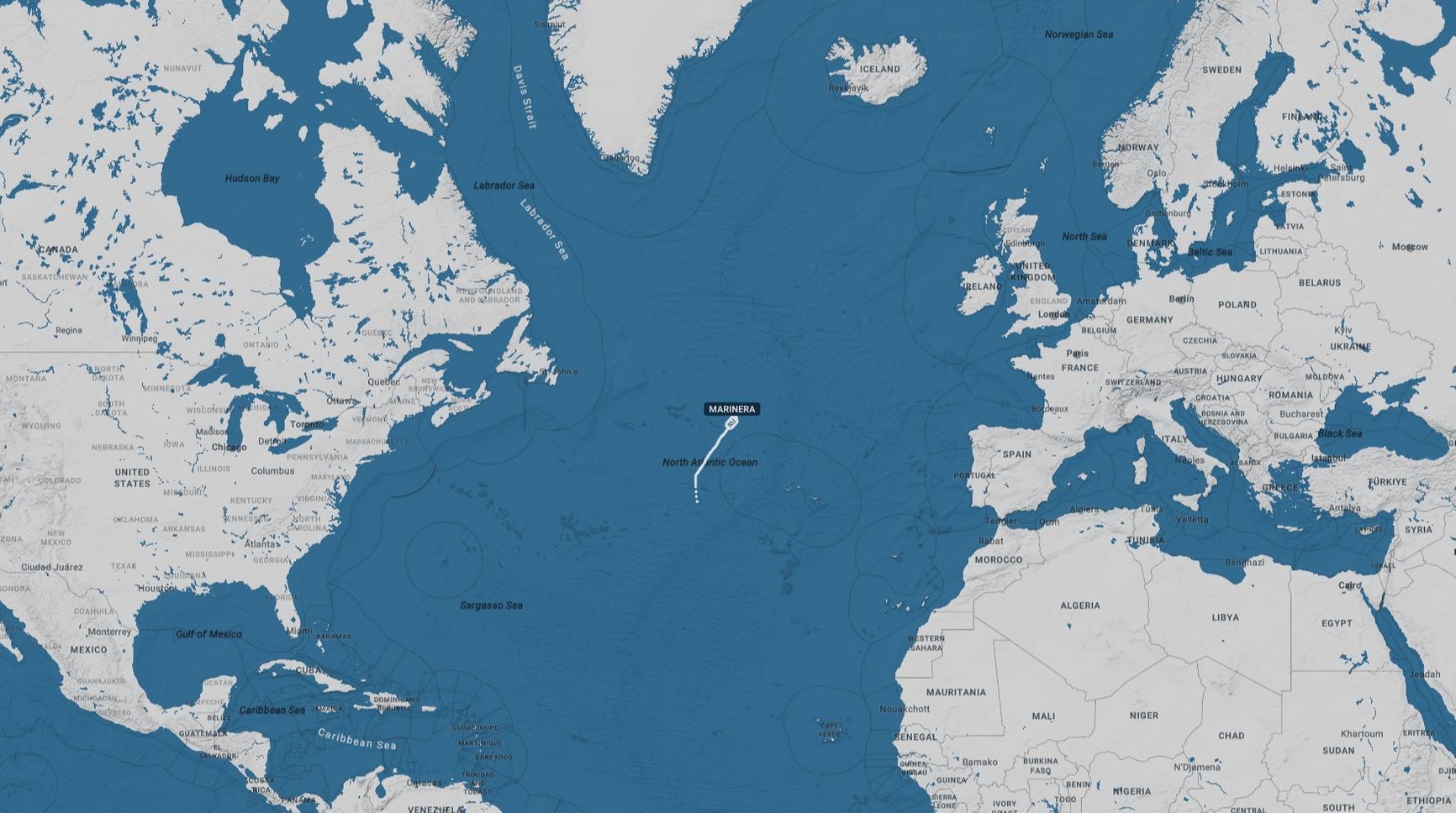 Location of the tanker Bella 1 / Marinera in the Atlantic Ocean
