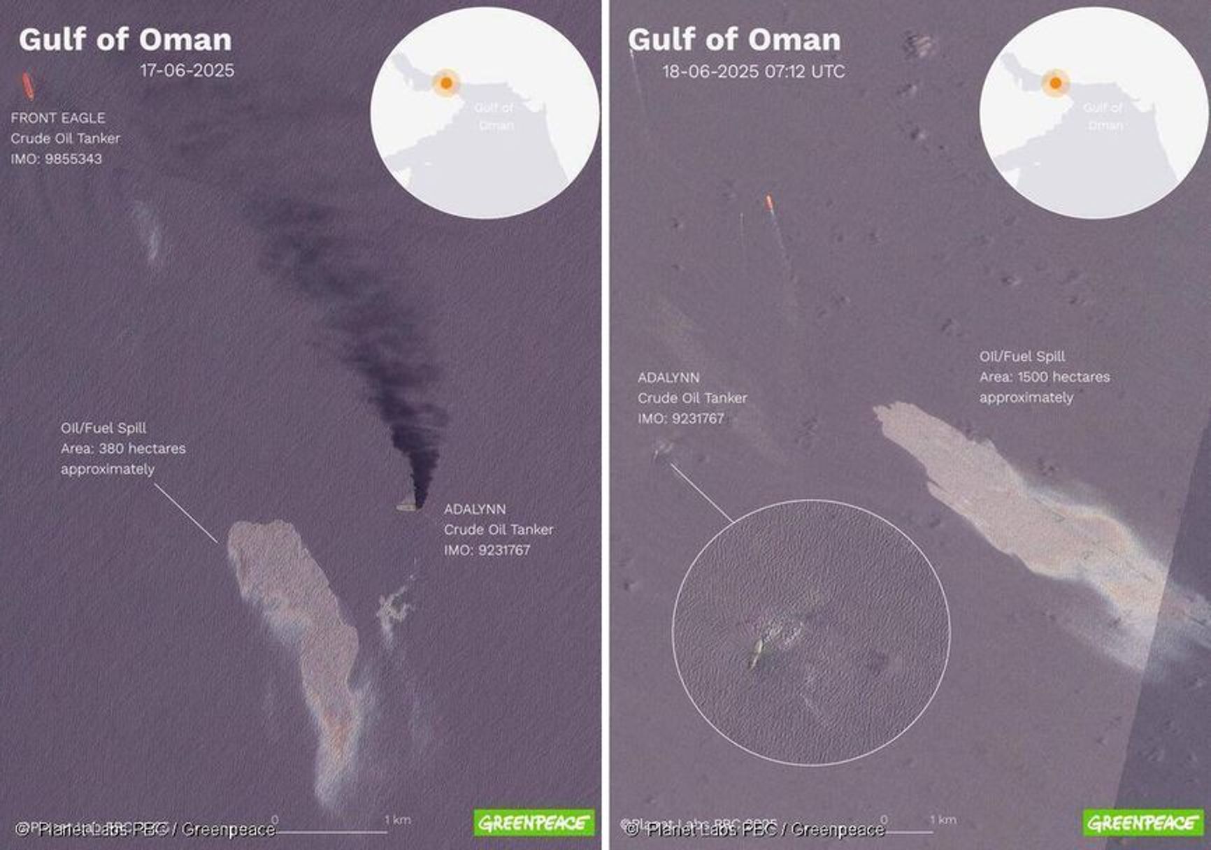 Satellite images analyzed by Greenpeace show an oil slick spanning approximately six square miles (1,500 hectares) in the Gulf of Oman following the recent collision of two tankers — the Adalynn and the Front Eagle.