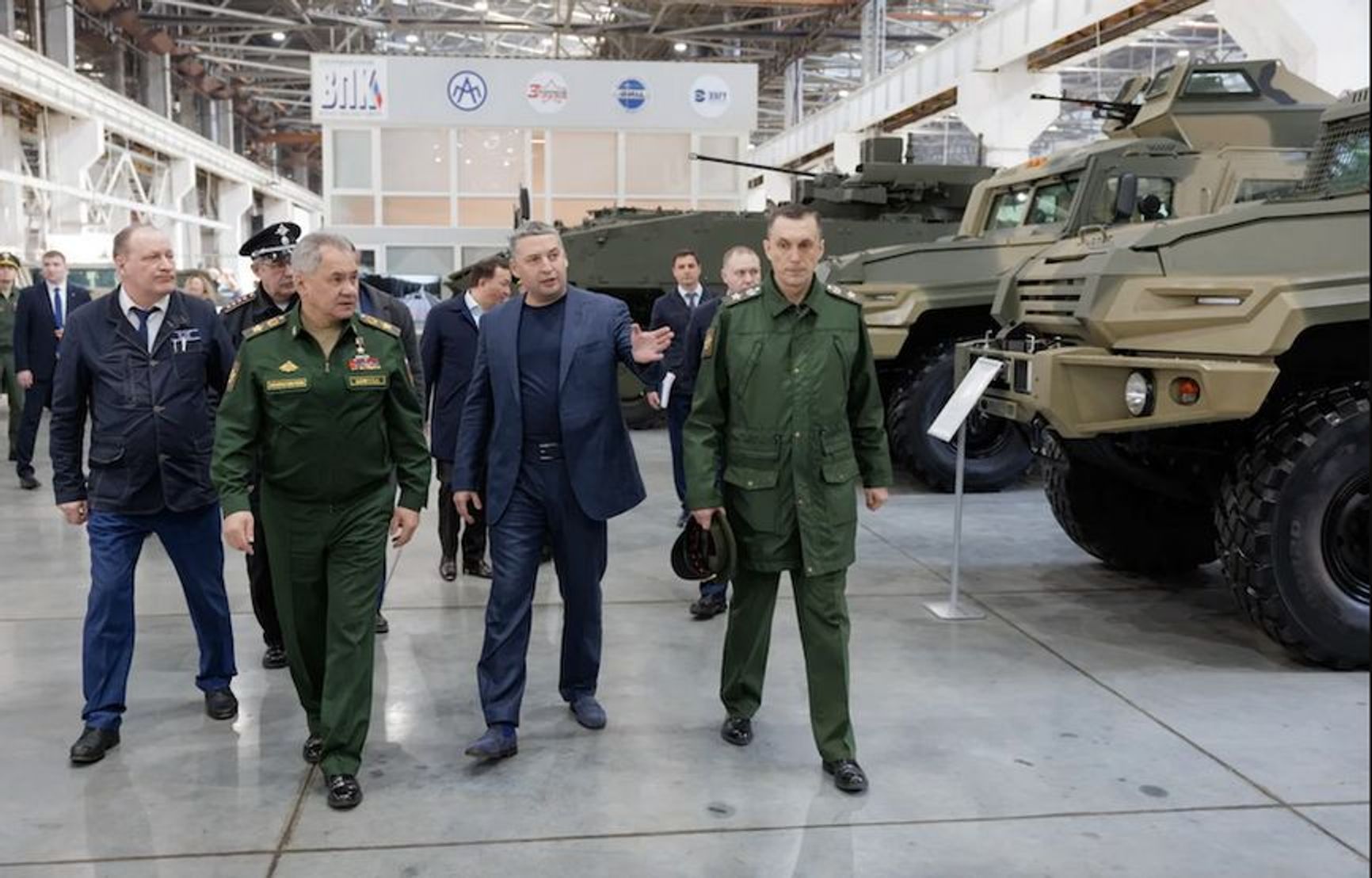 Sergei Shoigu tours the Arzamas Machine-Building Plant with its director Alexander Krasovitsky.